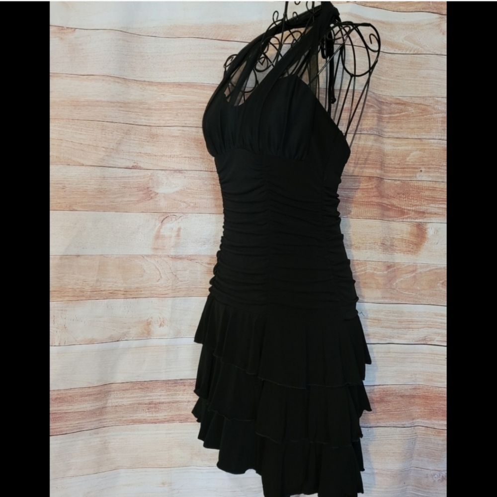 XOXO Black Ruched Halter Mini Dress with Tiered Ruffle Skirt